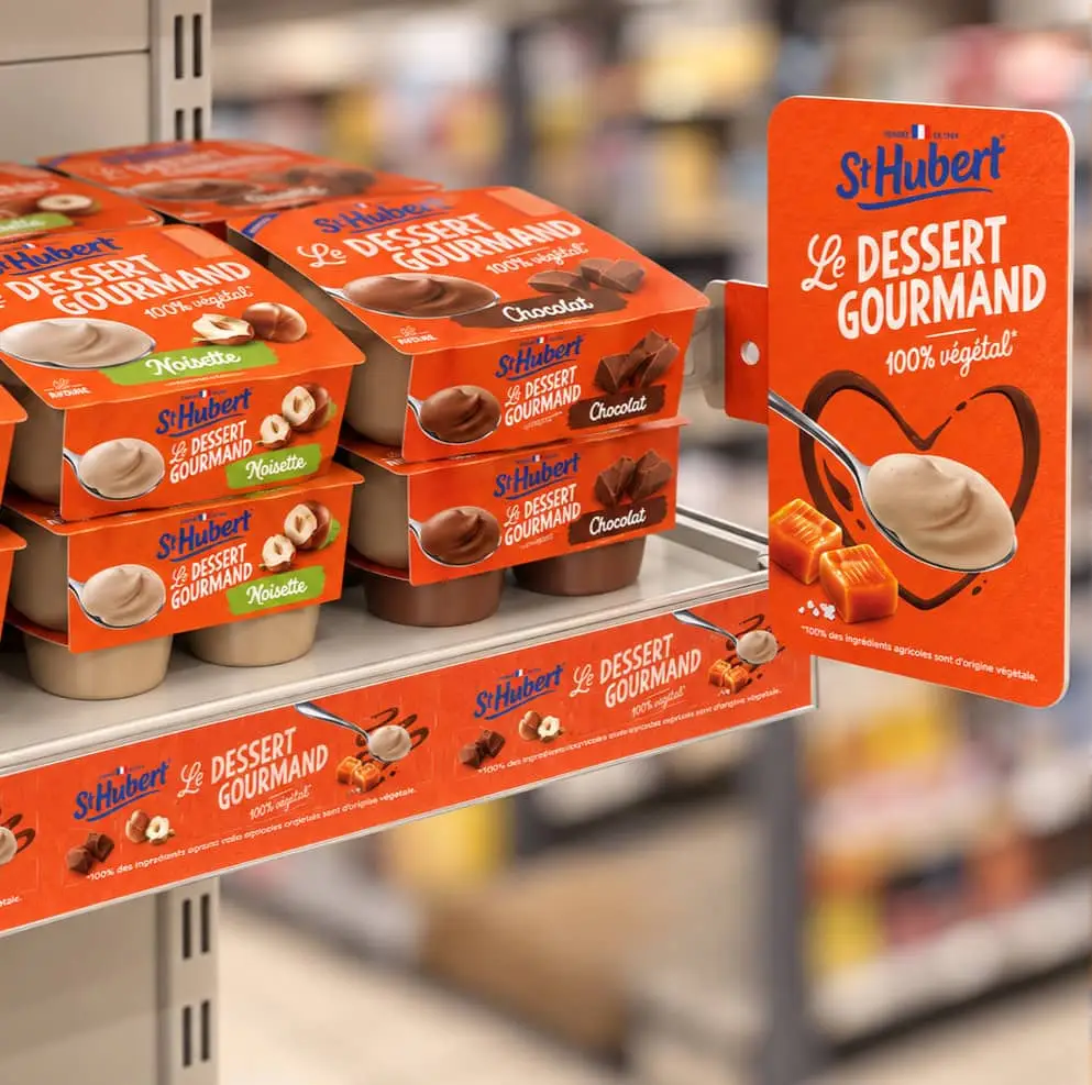 Mise en rayon de la gamme Dessert Gourmand : packagings, bande de rive, stop-rayon